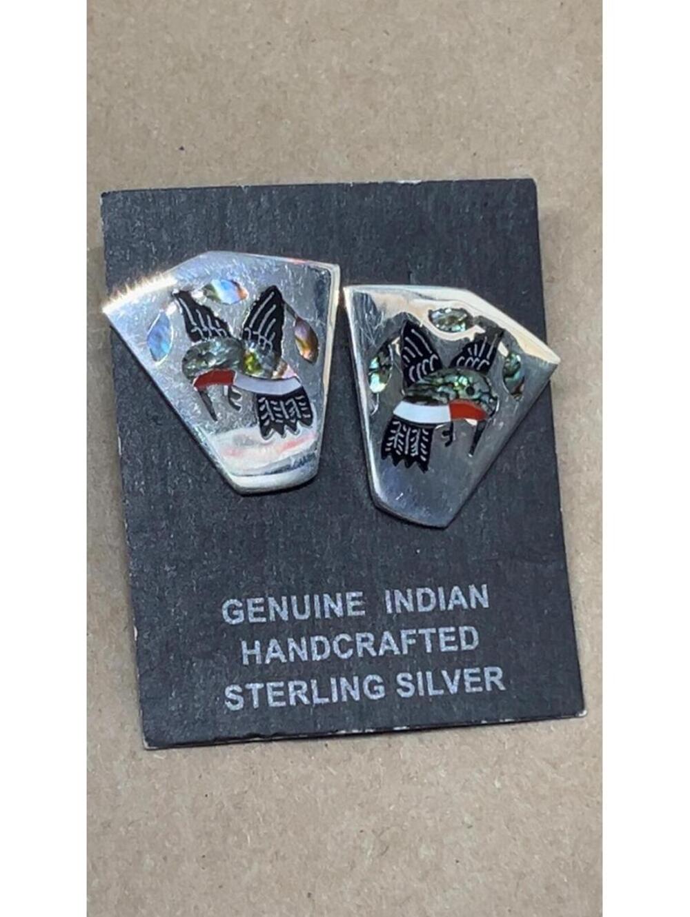 Zuni sterling silver inlay traditional turquoise hummingbird inlay earrings